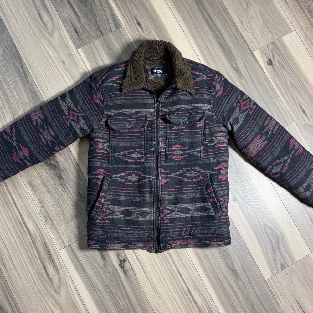 Billabong Mens Southwestern Sherpa Lined Full Zip Jacket Charcoal Magenta Large